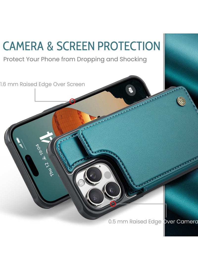 CaseMe Wallet Case for iPhone 16 Pro Max Premium Handmade Durable PU Leather Slim Shockproof Case with [Double Magnetic Clasp] [Card Holder] [Kickstand] [RFID Blocking] (Green) - Image 4
