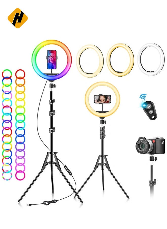 HuHa Ring Light with Tripod Stand & Phone Holder - 10 inch Selfie LED Ringlight Dimmable Desktop Lamp 40 Colors RGB Tall Circle Lights for Camera Makeup Video YouTube TikTok Live Streaming  - Image 1