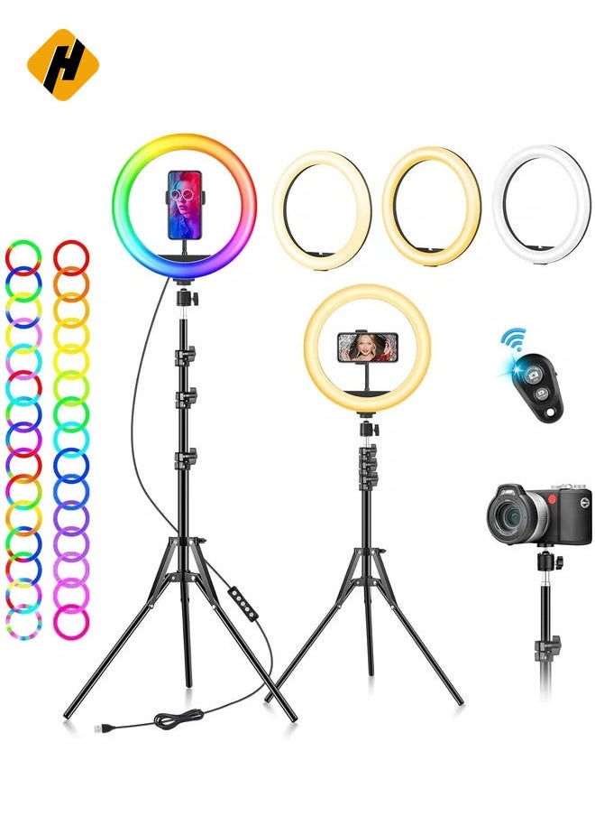 HuHa Ring Light with Tripod Stand & Phone Holder - 10 inch Selfie LED Ringlight Dimmable Desktop Lamp 40 Colors RGB Tall Circle Lights for Camera Makeup Video YouTube TikTok Live Streaming  - Image 3