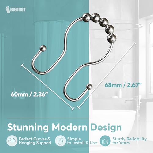 BIG FOOT BigFoot Shower Curtain Hooks, Stainless Steel, Rust Resistant, Easy Installation & Smooth Glide, Fits Standard Shower Rods, 2 Hook Rings Hold Liners & Curtains, 12 Pieces, Nickel Color - Image 3
