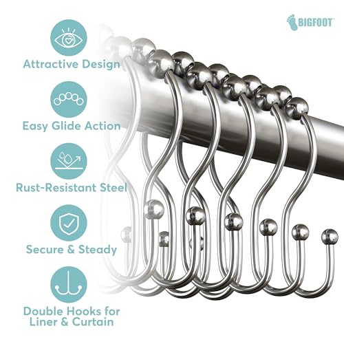 BIG FOOT BigFoot Shower Curtain Hooks, Stainless Steel, Rust Resistant, Easy Installation & Smooth Glide, Fits Standard Shower Rods, 2 Hook Rings Hold Liners & Curtains, 12 Pieces, Nickel Color - Image 4