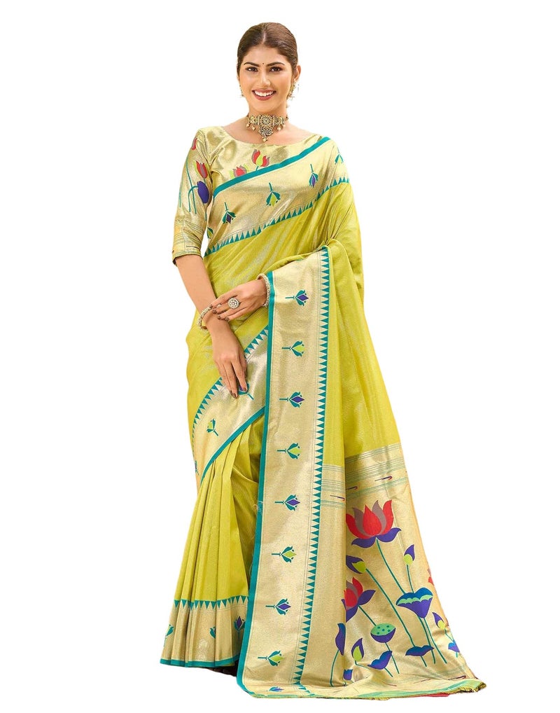SIRIL Women's Paithani Soft Silk Kanjivaram Saree With Unstitched Blouse Piece(4780S132_Green) - Image 1