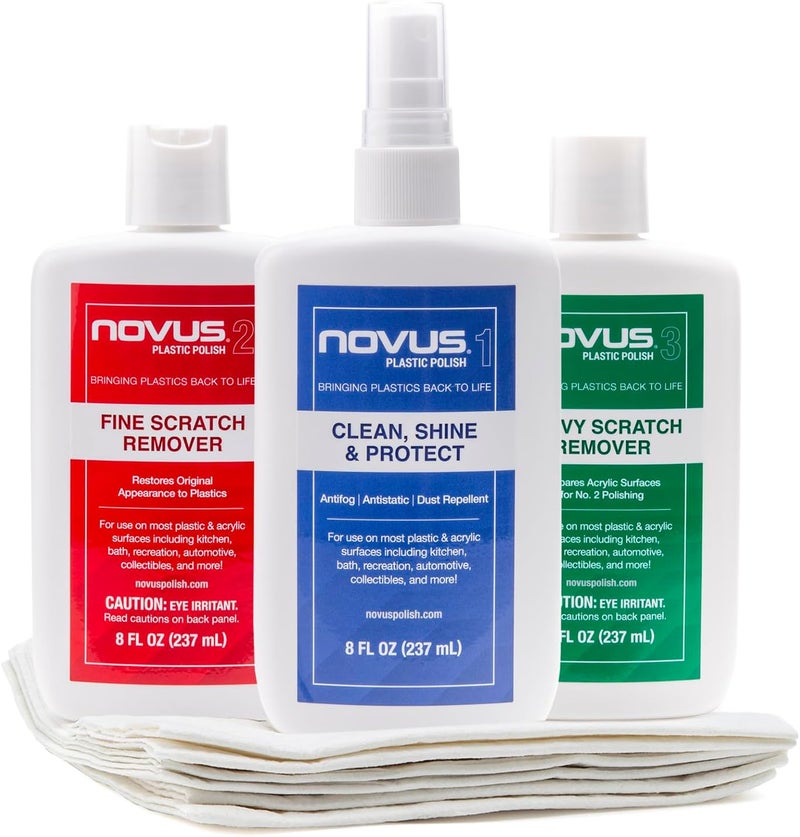NOVUS -PK1-8OZ-PM, Plastic Clean & Shine #1, Fine Scratch Remover #2, Heavy Scratch Remover #3, and Extra Polish Mates Pack, 8 Ounce Bottles - Image 1