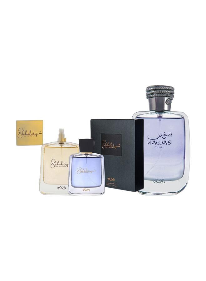 Rasasi Hawas Perfume for Men EDP 100ml, Shuhrah Perfume for Women EDP 90ml, and Shuhrah Perfume for Men EDP 90ml.  - Image 1