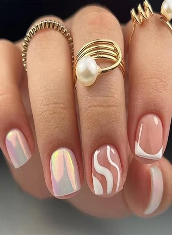 Generic 24Pcs French Press on Nails Milk White False Nails Short False Nails with Waves Design Full Cover Acrylic Nails Glossy Stick on Nails Reusable Artificial False Nails for Women and Girls Decoration  - Image 1