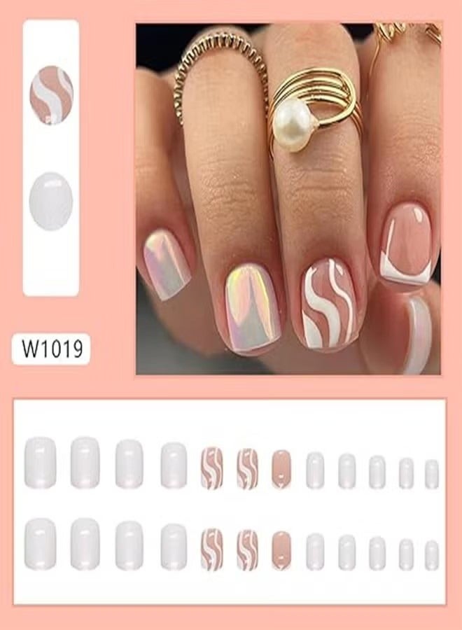 Generic 24Pcs French Press on Nails Milk White False Nails Short False Nails with Waves Design Full Cover Acrylic Nails Glossy Stick on Nails Reusable Artificial False Nails for Women and Girls Decoration  - Image 4