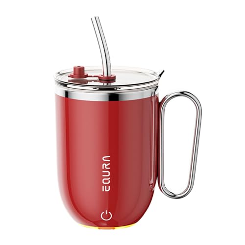 JOTER & LIBEAR Self Stirring Coffee Mug with Straw & LED for Temp Indicating, Auto Magnetic Mixing Cup with Lid (Red) - Image 1