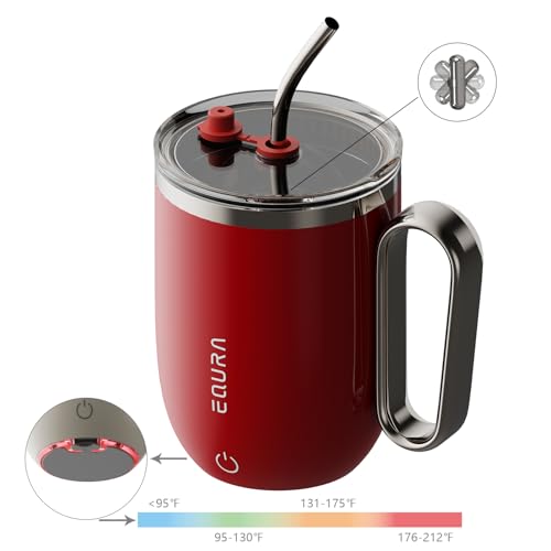 JOTER & LIBEAR Self Stirring Coffee Mug with Straw & LED for Temp Indicating, Auto Magnetic Mixing Cup with Lid (Red) - Image 2