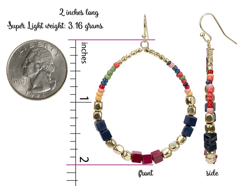 SPUNKYsoul Bohemian Multi-Colored Cube Beaded Hoop Earrings for Women (Navy/Red/Box) - Image 3