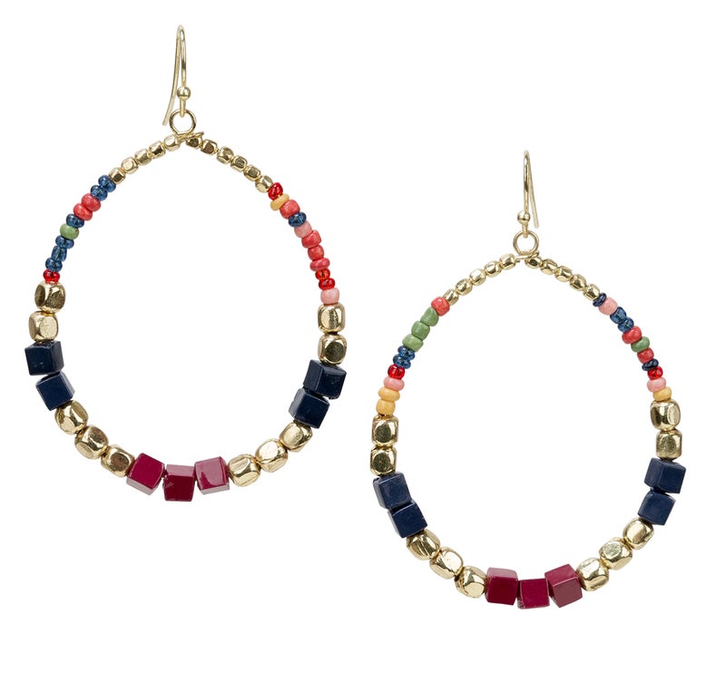 SPUNKYsoul Bohemian Multi-Colored Cube Beaded Hoop Earrings for Women (Navy/Red/Box) - Image 5