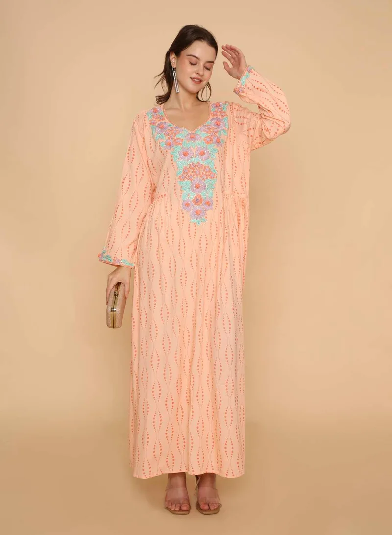 HANA & SARA Womens traditional hand printed jalabiya with high end embroidery design