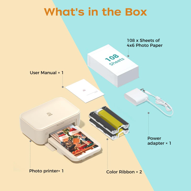 HPRT 4x6 Photo Printer with 108 Sheets & 2 Ribbons - Dye Sublimation Wireless Portable Photo Printer for iPhone & Android Smartphones, Home & Travel Picture Printing, Ideal Gift, Beige - Image 2