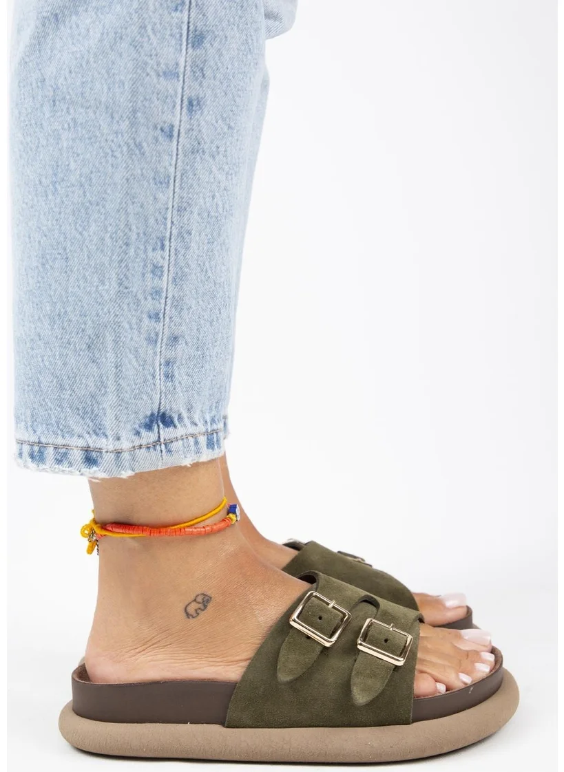 Manijero Lirio Women's Leather Single Strap Double Buckle Khaki Slippers