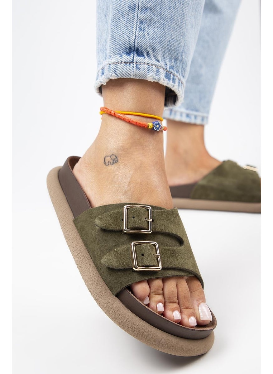 Manijero Lirio Women's Leather Single Strap Double Buckle Khaki Slippers  - Image 5
