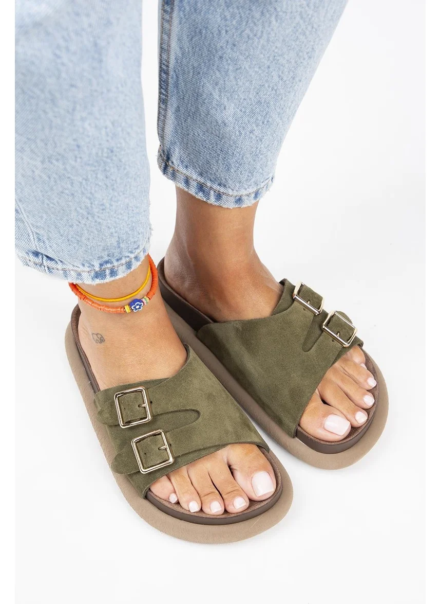 Manijero Lirio Women's Leather Single Strap Double Buckle Khaki Slippers