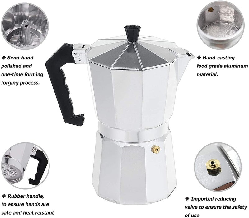 Harions Aluminium Italian Espresso Stove Coffee Maker Filter Coffee Percolator - Moka Pot (Silver) - Image 4