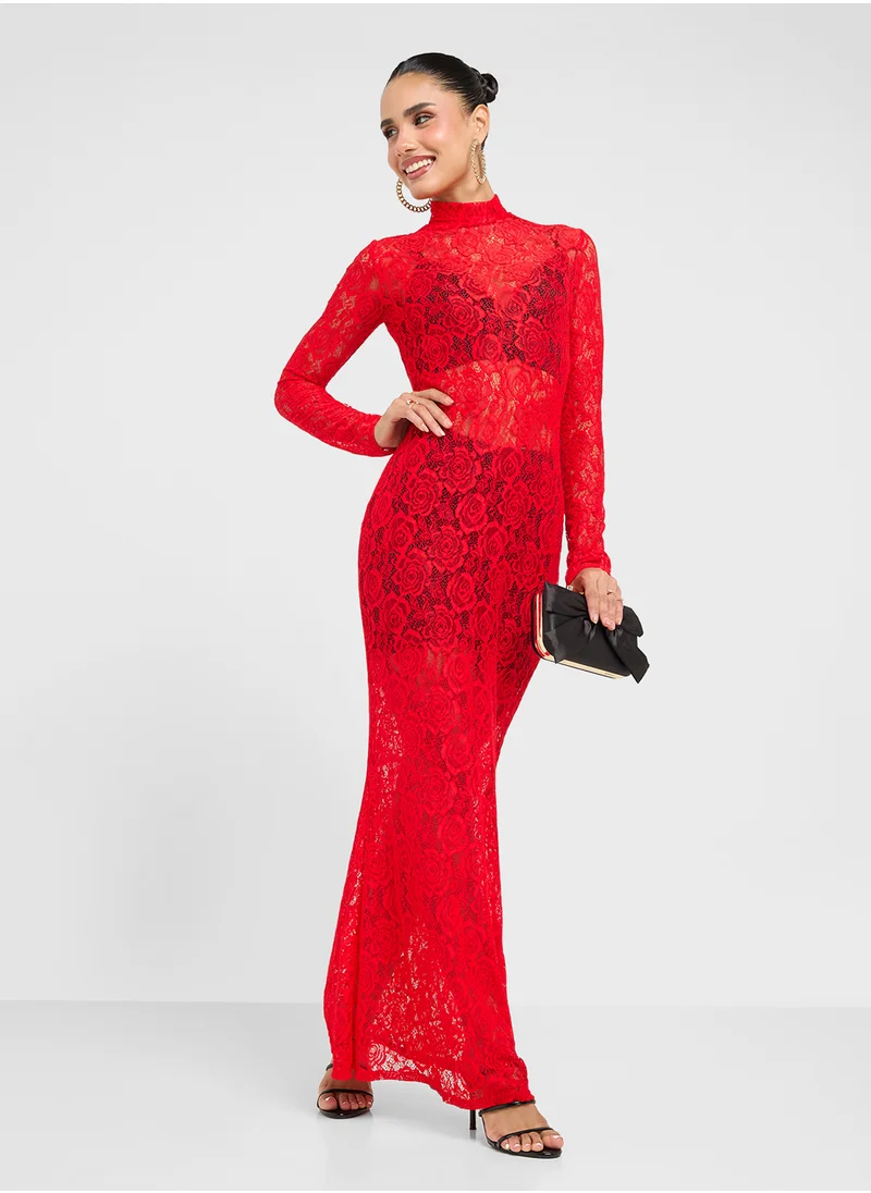 جينجر Mock Neck Lace Bodycon Dress