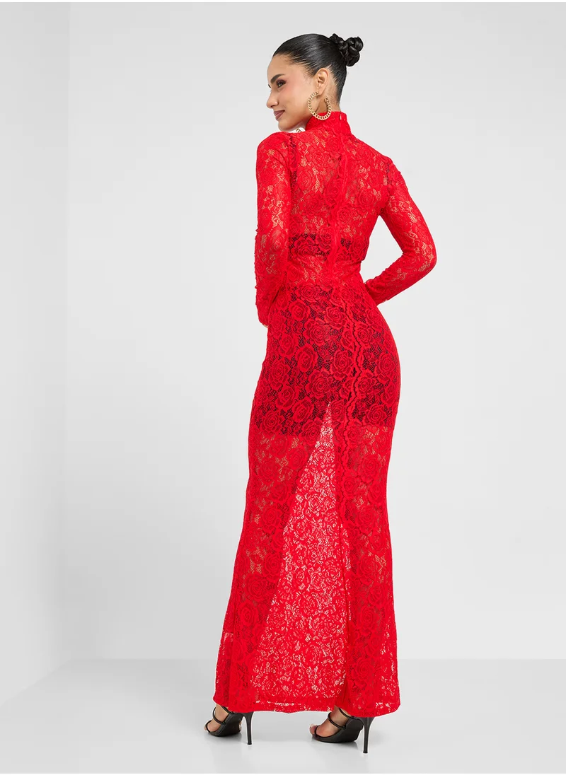 جينجر Mock Neck Lace Bodycon Dress