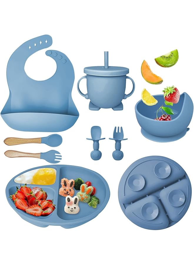U-HOOME Silicone Baby Feeding Set Baby Led Weaning Supplies Suction Bowl Divided Plate Toddler Self Feeding Dish Cutlery Set With Spoons Bib Straw Cup Sippy Eating Utensils For 6+ Months (Blue) - Image 1