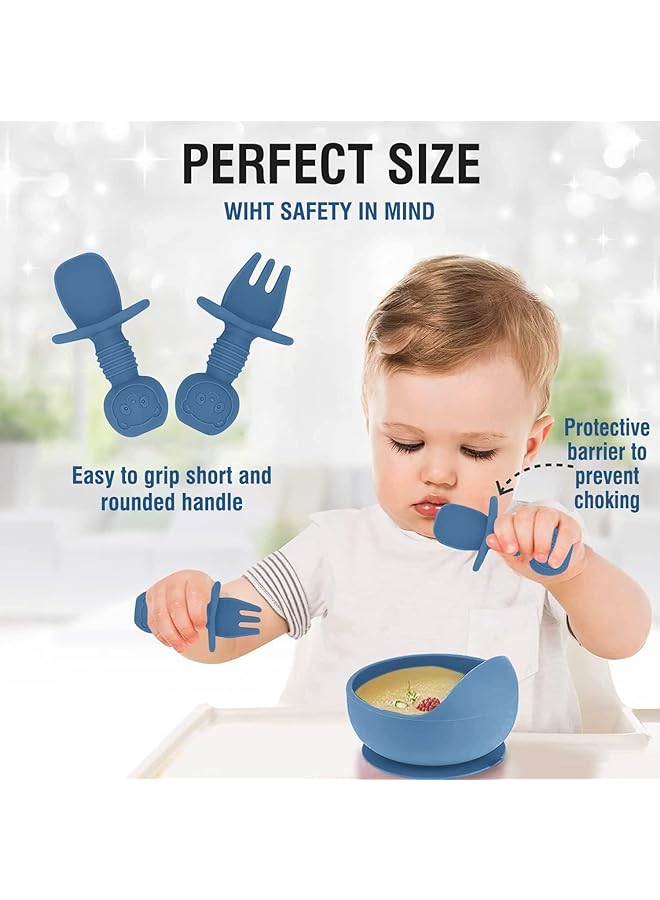 U-HOOME Silicone Baby Feeding Set Baby Led Weaning Supplies Suction Bowl Divided Plate Toddler Self Feeding Dish Cutlery Set With Spoons Bib Straw Cup Sippy Eating Utensils For 6+ Months (Blue) - Image 5