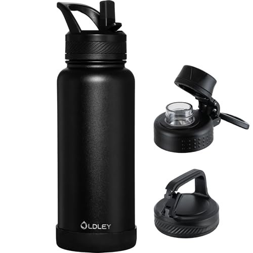 OLDLEY 32 oz Insulated Water Bottle With Straw Stainless Steel Sports Water Cup Flask with 3 LidsStraw Spout and Handle Lid Double Walled Travel Thermal Canteen MugBlack