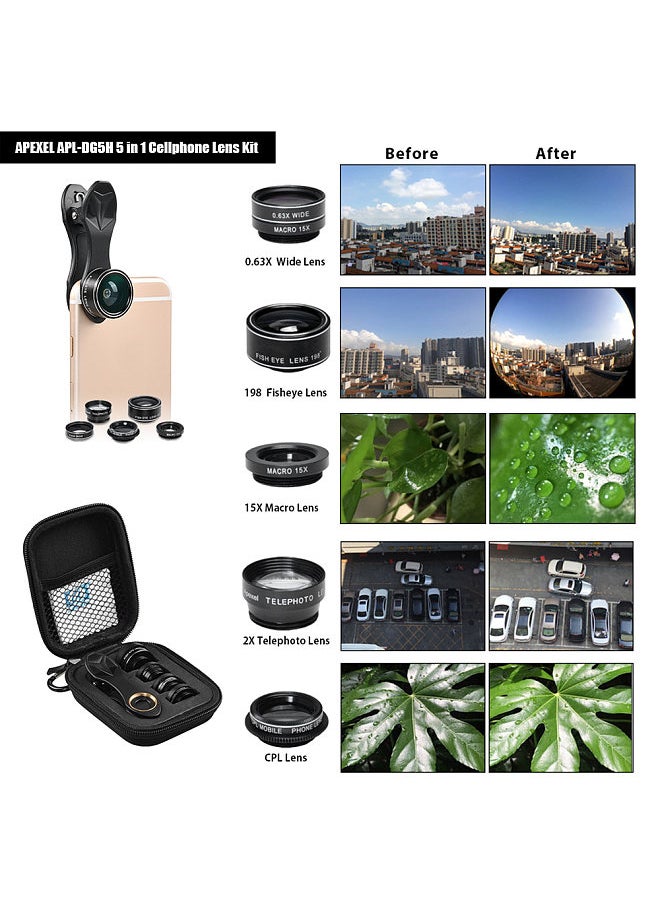 APEXEL APL-DG5H 5 in 1 Cellphone Lens Kit 198° Fisheye Lens 0.63X Wide Angle Lens 15X Macro Lens 2X Telescope CPL Lenses for iPhone Samsung Huawei Xiaomi Smartphone  - Image 5