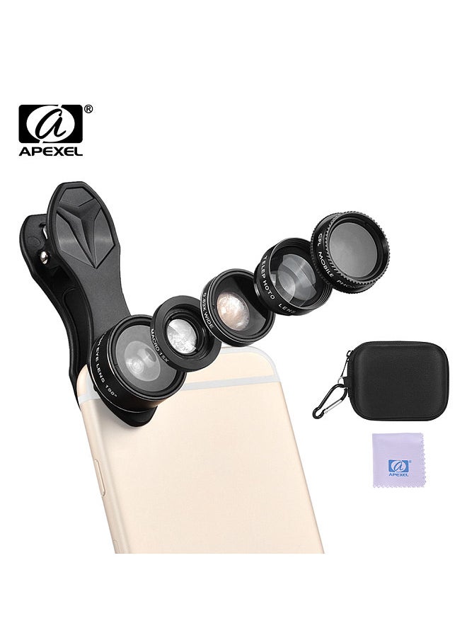 APEXEL APL-DG5H 5 in 1 Cellphone Lens Kit 198° Fisheye Lens 0.63X Wide Angle Lens 15X Macro Lens 2X Telescope CPL Lenses for iPhone Samsung Huawei Xiaomi Smartphone  - Image 2