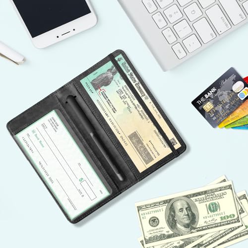 Pisypox Checkbook Cover for Personal Checkbook，Pu Leather Check Book Covers for Women and Men，With Pen holders and Elastic Bands & Built-in Clear Plastic Divider for Duplicate Checks，Black - Image 3