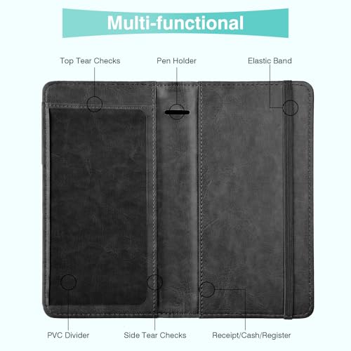 Pisypox Checkbook Cover for Personal Checkbook，Pu Leather Check Book Covers for Women and Men，With Pen holders and Elastic Bands & Built-in Clear Plastic Divider for Duplicate Checks，Black - Image 4