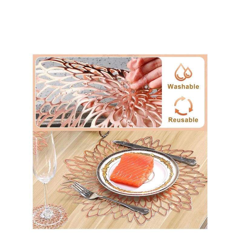 SOLARAE Round Placemats Set of 6 for Dinner Table Hollow-Out Vinyl Place Mats Vinyl Round Placemats Laminated Plastic Morden Dining Table Decoration for Kitchen Table Decor (Rose Gold) - Image 3