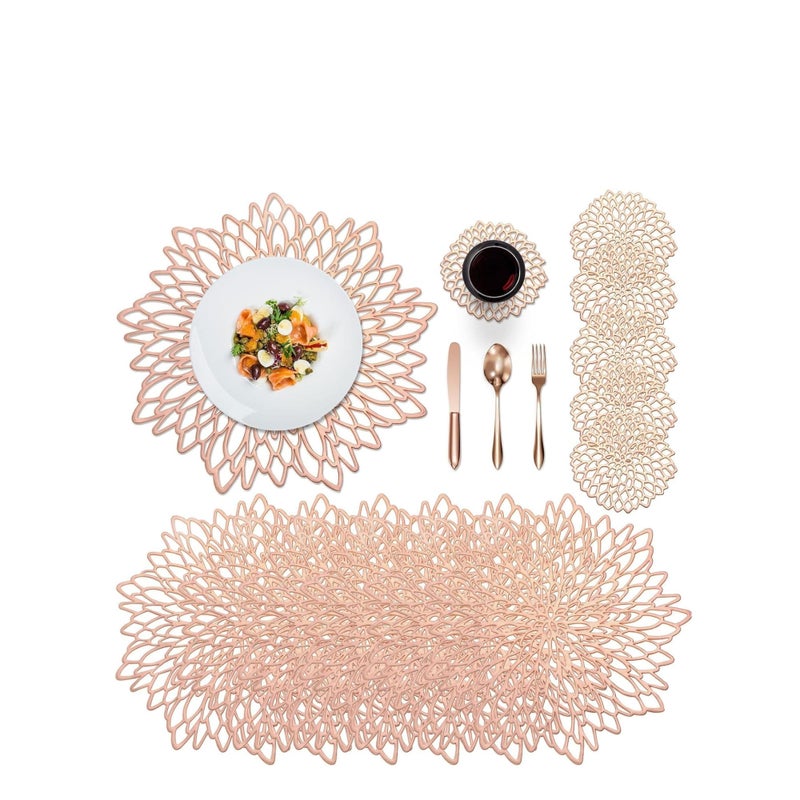 SOLARAE Round Placemats Set of 6 for Dinner Table Hollow-Out Vinyl Place Mats Vinyl Round Placemats Laminated Plastic Morden Dining Table Decoration for Kitchen Table Decor (Rose Gold) - Image 1