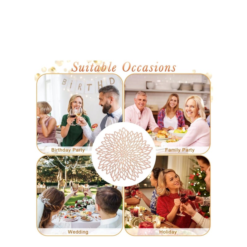 SOLARAE Round Placemats Set of 6 for Dinner Table Hollow-Out Vinyl Place Mats Vinyl Round Placemats Laminated Plastic Morden Dining Table Decoration for Kitchen Table Decor (Rose Gold) - Image 5
