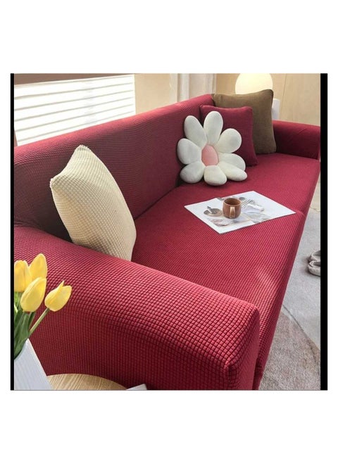 Interlock Velvet Lycra Sofa Cover Set, 4 Pieces - Dark red