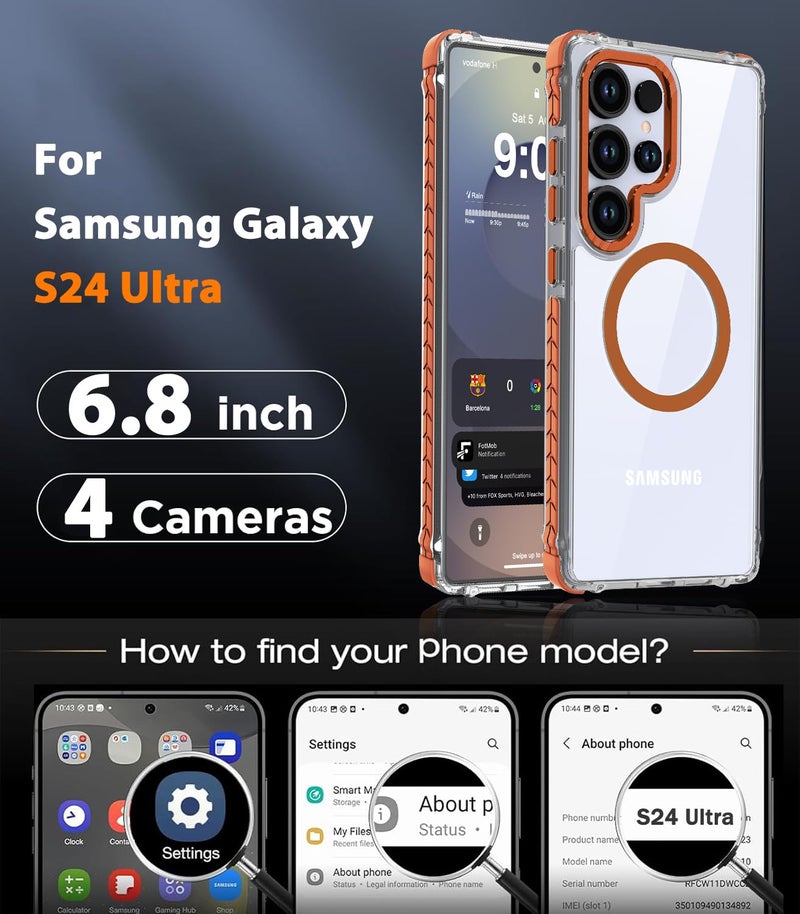 DEERLAMN Strong Magnetic Case for Samsung Galaxy S24 Ultra 6.8-Inch,[Compatible with Magsafe][Military Grade Drop Protection] Clear Slim Shockproof Protective Phone Cover, Transparent+Orange - Image 2