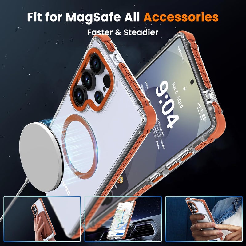 DEERLAMN Strong Magnetic Case for Samsung Galaxy S24 Ultra 6.8-Inch,[Compatible with Magsafe][Military Grade Drop Protection] Clear Slim Shockproof Protective Phone Cover, Transparent+Orange - Image 5