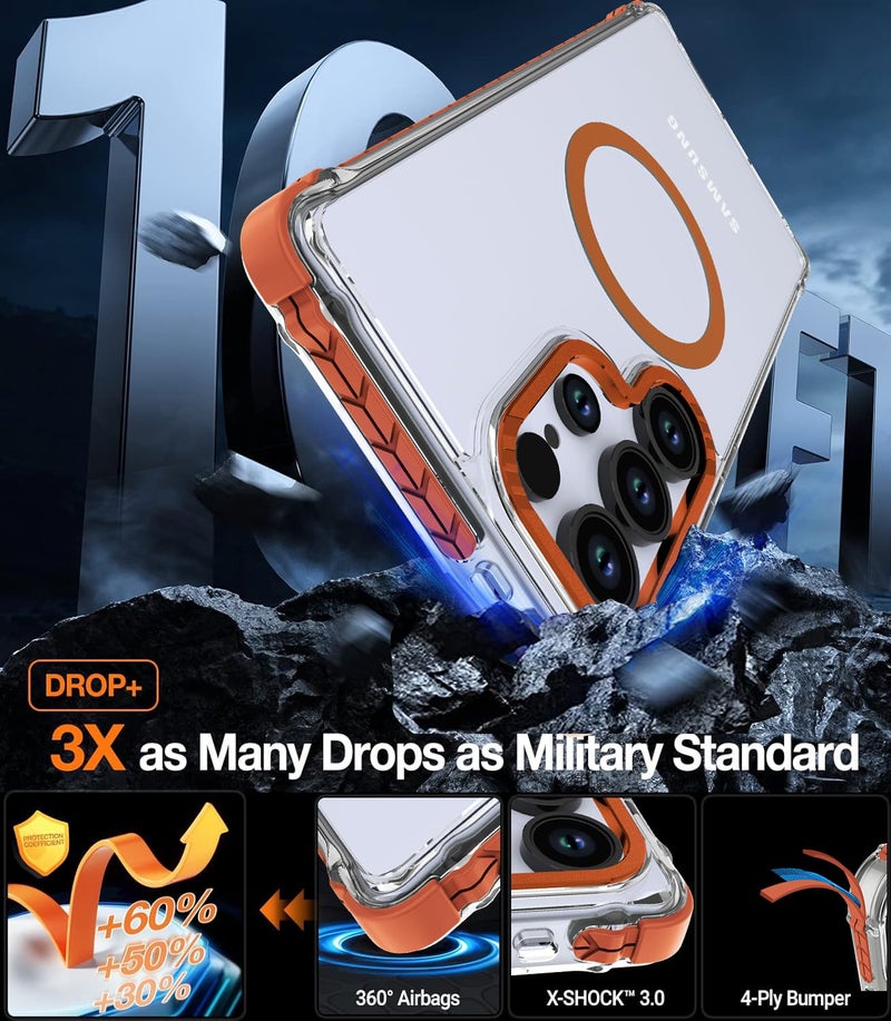 DEERLAMN Strong Magnetic Case for Samsung Galaxy S24 Ultra 6.8-Inch,[Compatible with Magsafe][Military Grade Drop Protection] Clear Slim Shockproof Protective Phone Cover, Transparent+Orange - Image 3