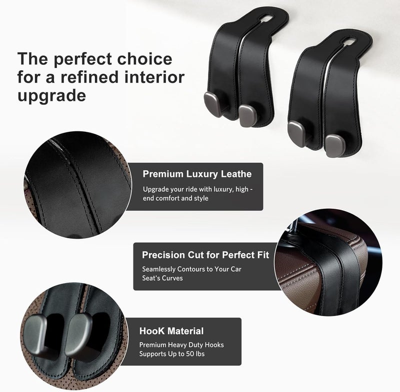 LAYZOO Car Hooks for Headrest, 2Pcs Seat Back Storage Hook Luxurious Leather Multifunctional Car Hanger & Holder for Heatrest, Seat, Bag, Purse Black - Image 2