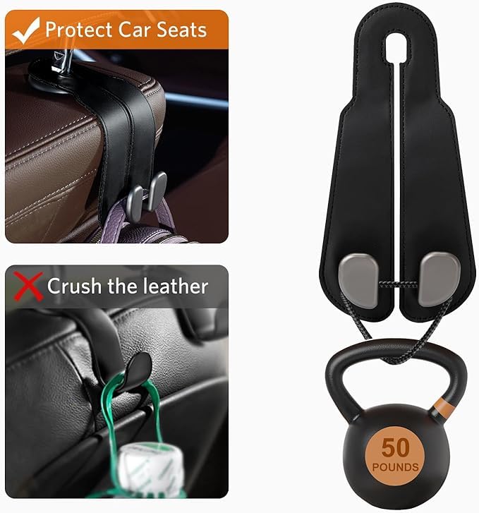 LAYZOO Car Hooks for Headrest, 2Pcs Seat Back Storage Hook Luxurious Leather Multifunctional Car Hanger & Holder for Heatrest, Seat, Bag, Purse Black - Image 3
