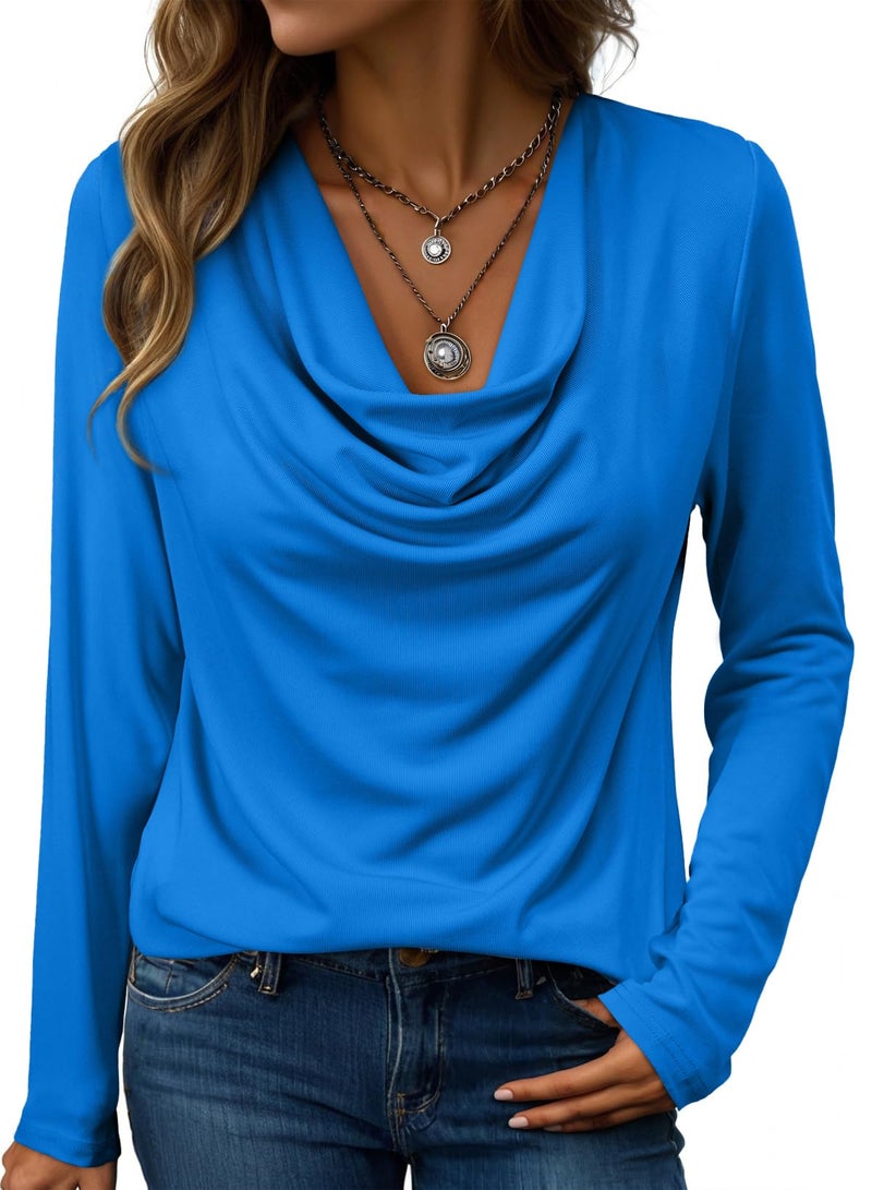 EVALESS Elegant Tops for Women Long Sleeve Cowl Neck Shirts Spring Comfortable Wrap Outfits for Women Blue Going Out Formal Blouses Tops Fashion Draped Outfits Halloween Christmas 2026, Large - Image 1