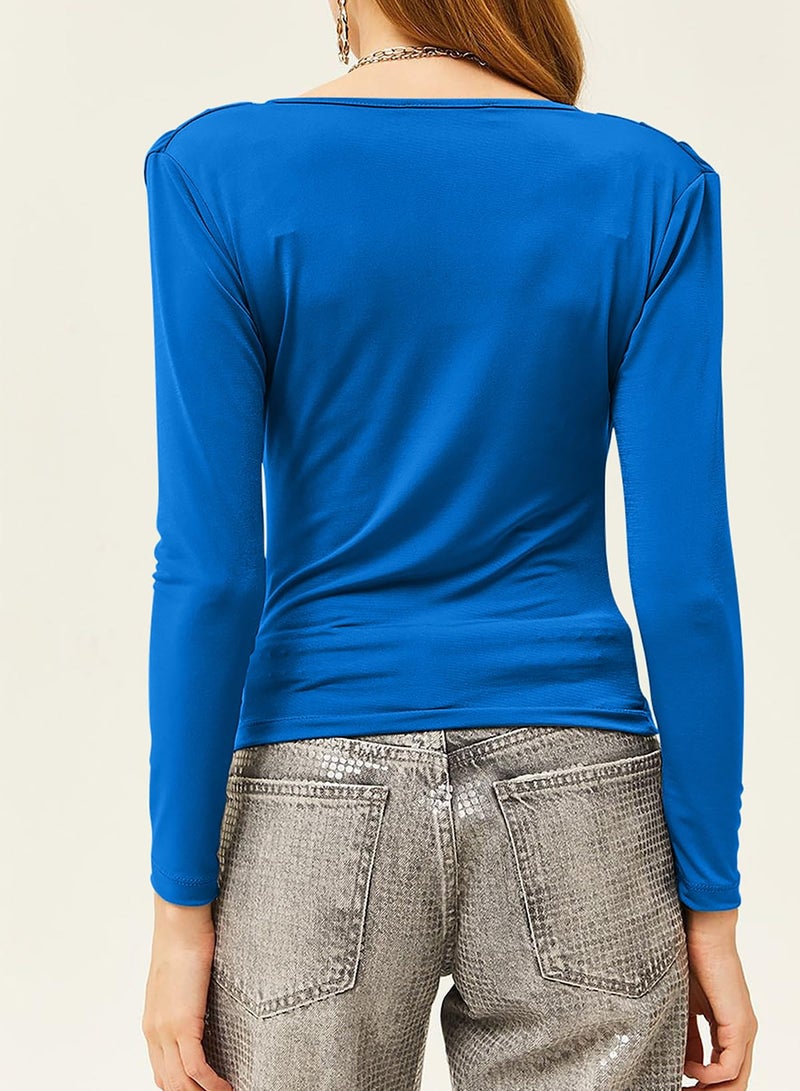 EVALESS Elegant Tops for Women Long Sleeve Cowl Neck Shirts Spring Comfortable Wrap Outfits for Women Blue Going Out Formal Blouses Tops Fashion Draped Outfits Halloween Christmas 2026, Large - Image 3