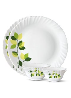 LARAH BY BOROSIL Larah by Borosil Green Leaves Silk Series Opalware Dinner Set | 6 Pieces for Family of 2 | Microwave & Dishwasher Safe | Bone-Ash Free | Crockery Set for Dining & Gifting | Plates & Bowls | White  - Image 1