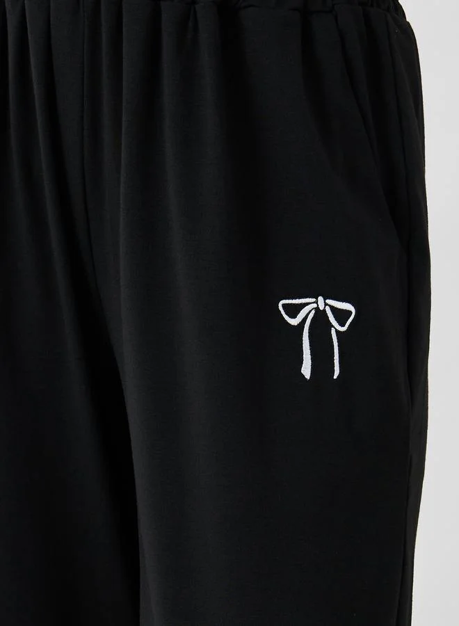 Take Two Take Two Women Black Bow Tie Embroidered Drawstring Waist Joggers
