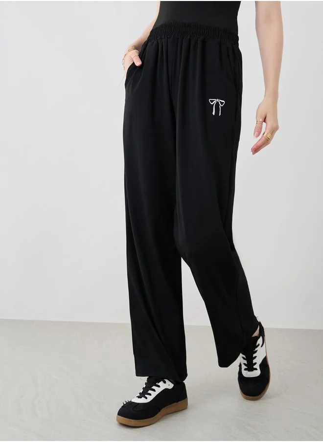 تايك تو Take Two Women Black Bow Tie Embroidered Drawstring Waist Joggers