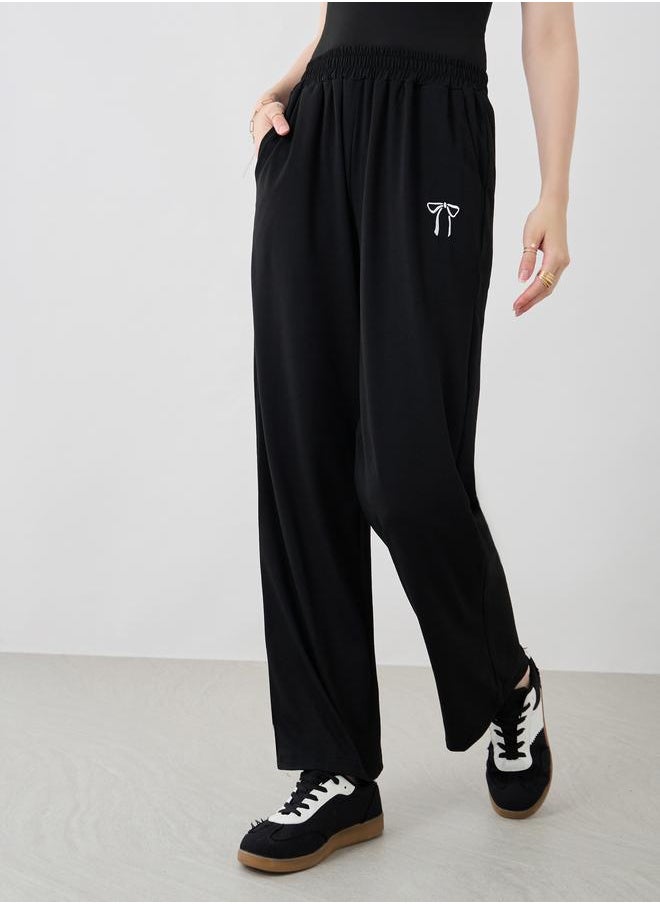 Take Two Take Two Women Black Bow Tie Embroidered Drawstring Waist Joggers  - Image 2