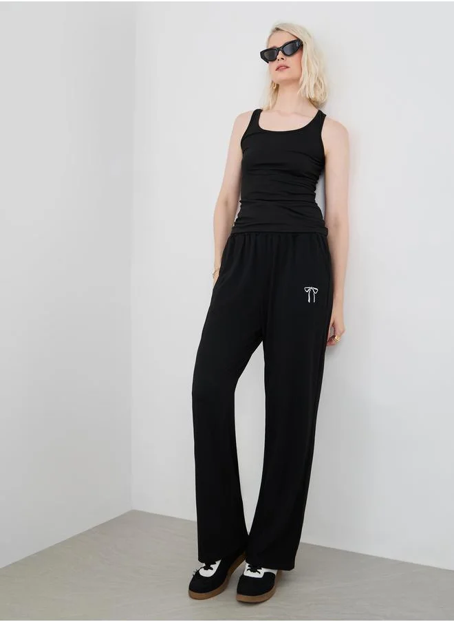 تايك تو Take Two Women Black Bow Tie Embroidered Drawstring Waist Joggers
