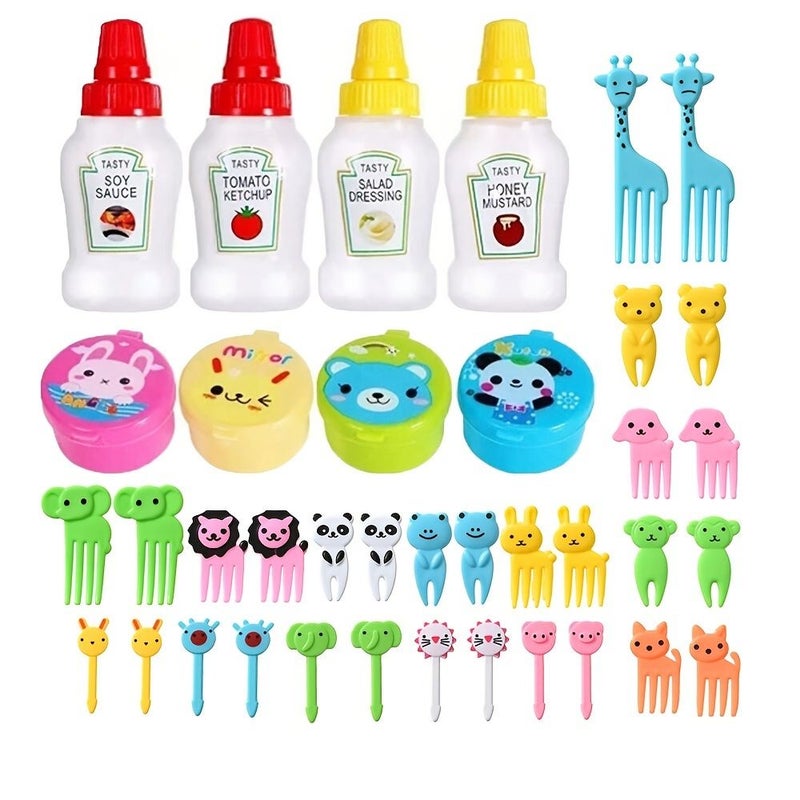 38 Piece Lunch Box Accessories Set Cute Animal Fruit Fork Dessert Fork ABS Plastic Portable Tomato Honey Salad Seasoning Dispensing Bottle Office Kitchen Utensils Picnic Oil Sauce Container Apartment Essentials - Image 1