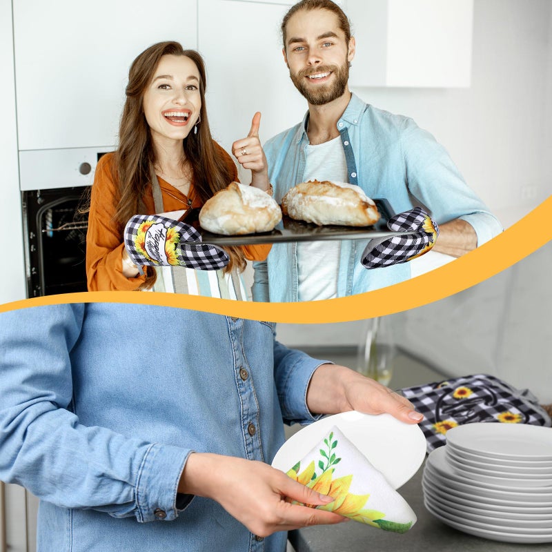 Leinuosen 6 Plaid Sunflower Kitchen Towels Kitchen Decor and Accessories Set Floral Plant Oven Mitts and Pot Holders Sets Farmhouse Absorbent Dish Towels for Cooking Baking Grilling - Image 4
