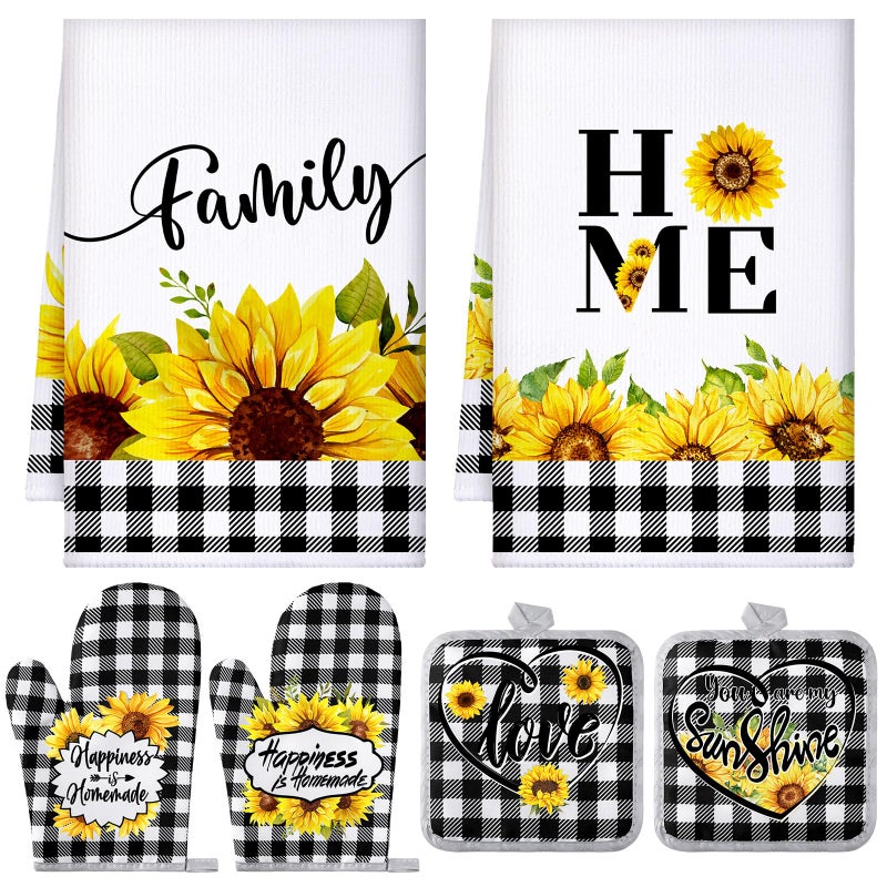 Leinuosen 6 Plaid Sunflower Kitchen Towels Kitchen Decor and Accessories Set Floral Plant Oven Mitts and Pot Holders Sets Farmhouse Absorbent Dish Towels for Cooking Baking Grilling - Image 1