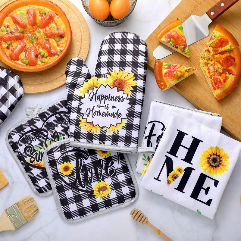 Leinuosen 6 Plaid Sunflower Kitchen Towels Kitchen Decor and Accessories Set Floral Plant Oven Mitts and Pot Holders Sets Farmhouse Absorbent Dish Towels for Cooking Baking Grilling - Image 2