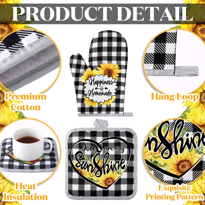Leinuosen 6 Plaid Sunflower Kitchen Towels Kitchen Decor and Accessories Set Floral Plant Oven Mitts and Pot Holders Sets Farmhouse Absorbent Dish Towels for Cooking Baking Grilling - Image 5